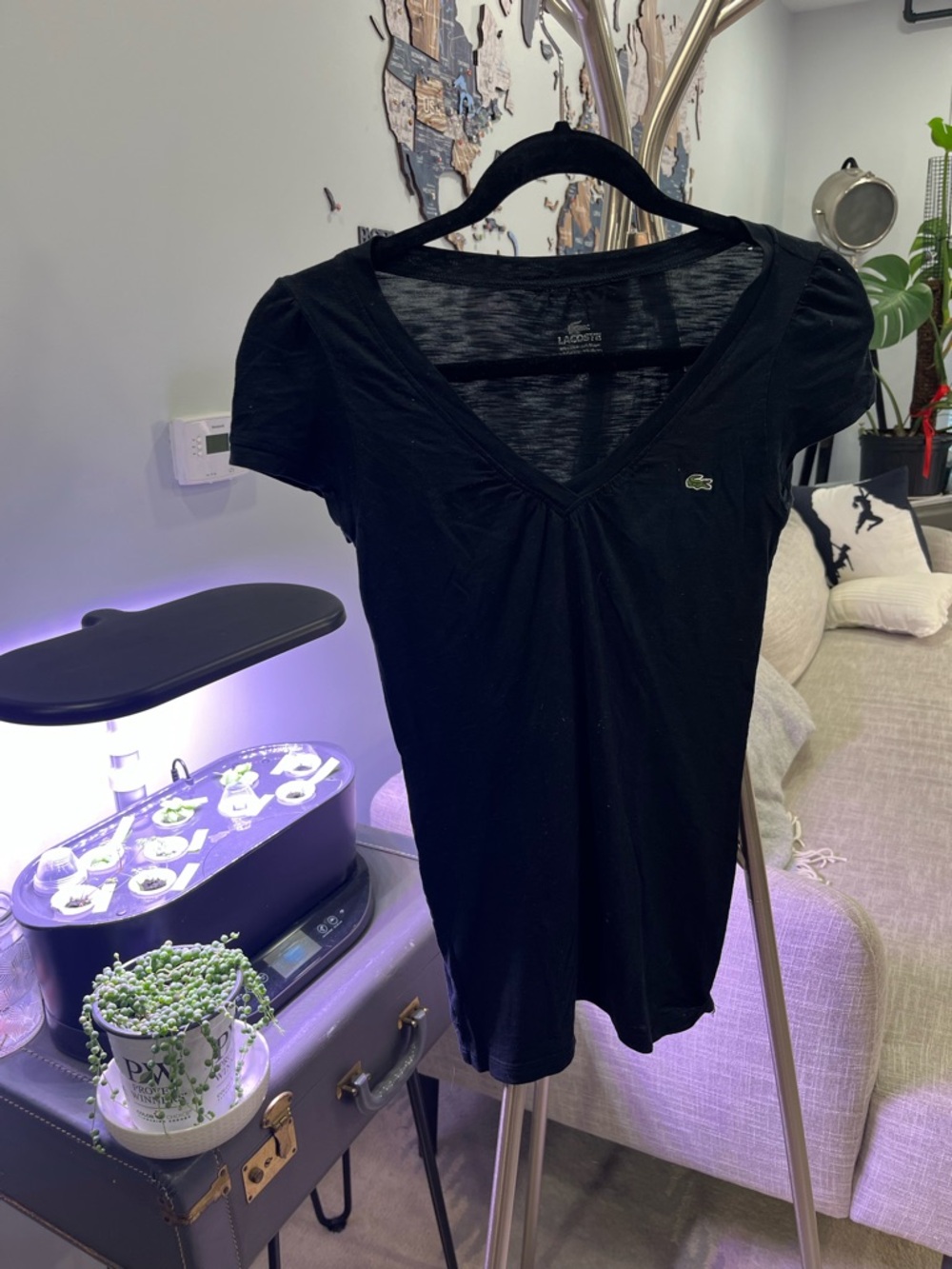 Lacoste Black Short Sleeve V-Neck Tee with Crocodile Logo
